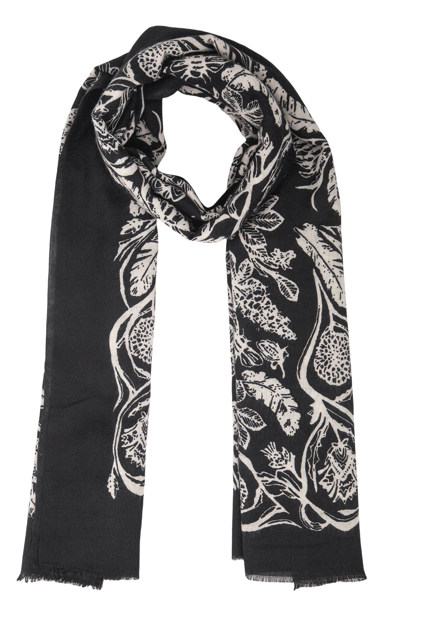 Black Ornate Floral Bordered Lightweight Scarf, Image 1 of 3