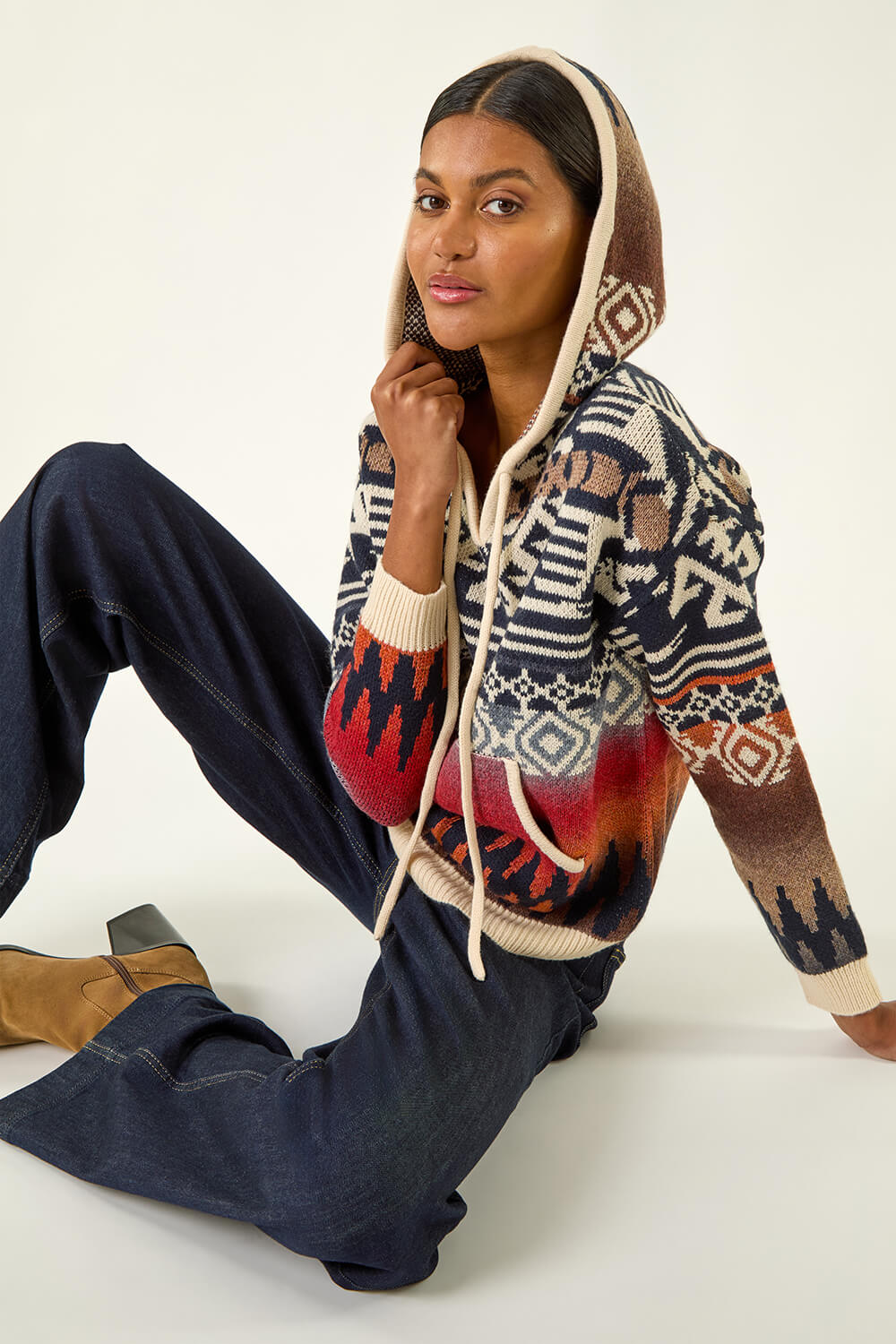 Navy Jacquard Hooded Knit, Image 1 of 5