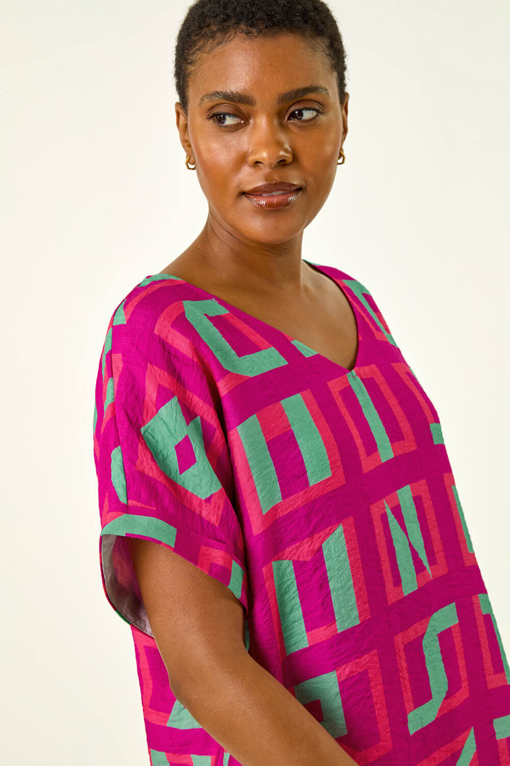 Magenta Geometric Print V-Neck Top, Image 5 of 5