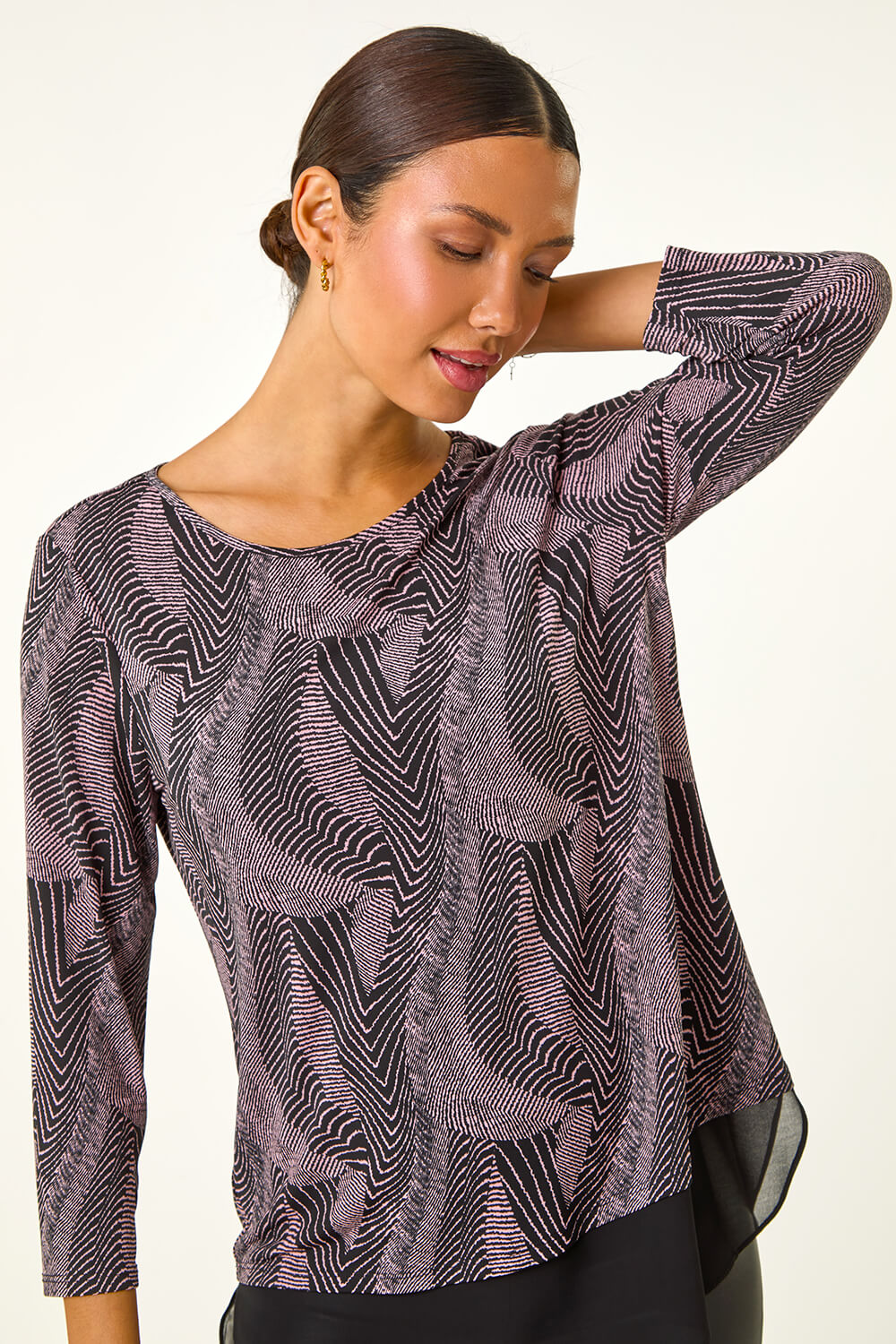 Pink Printed Chiffon Hem Top, Image 1 of 5