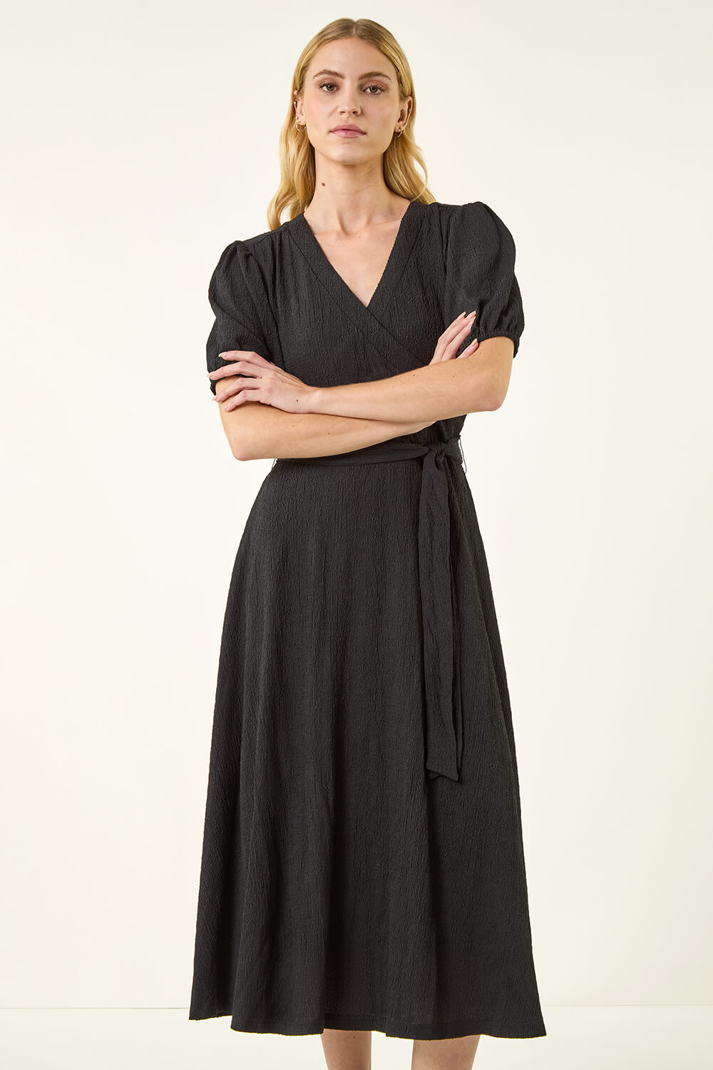 Black Wrap Bodice Belted Midi Dress, Image 1 of 5