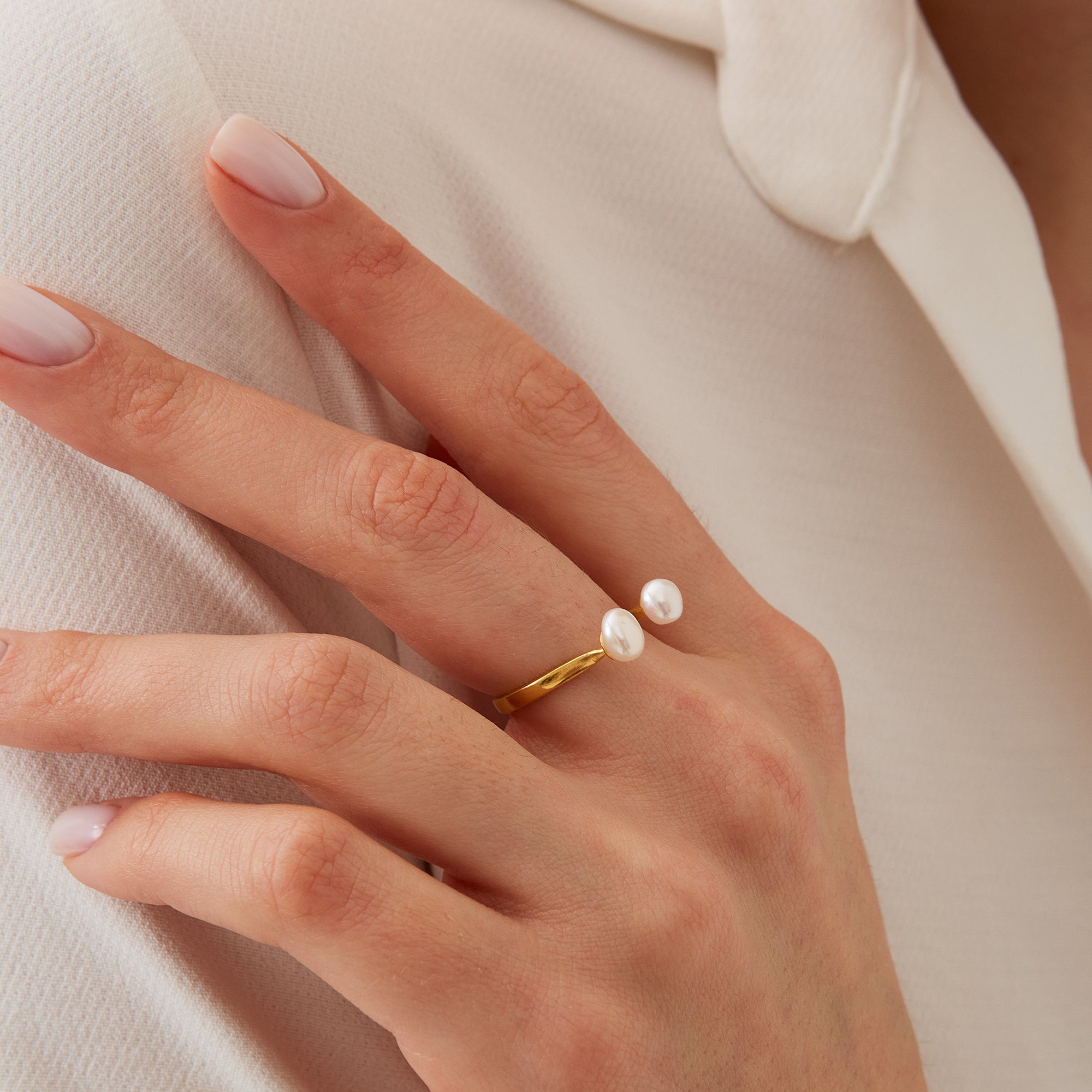 Gold Double Pearl Sterling Silver Adjustable Open Ring, Image 2 of 2