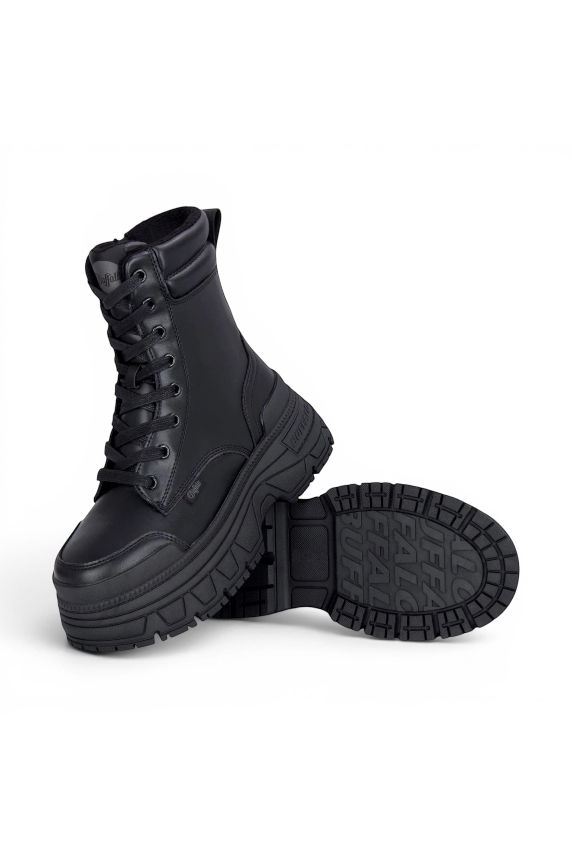 Black Womens Heel Mid High Combat Boots-Fusion, Image 4 of 7