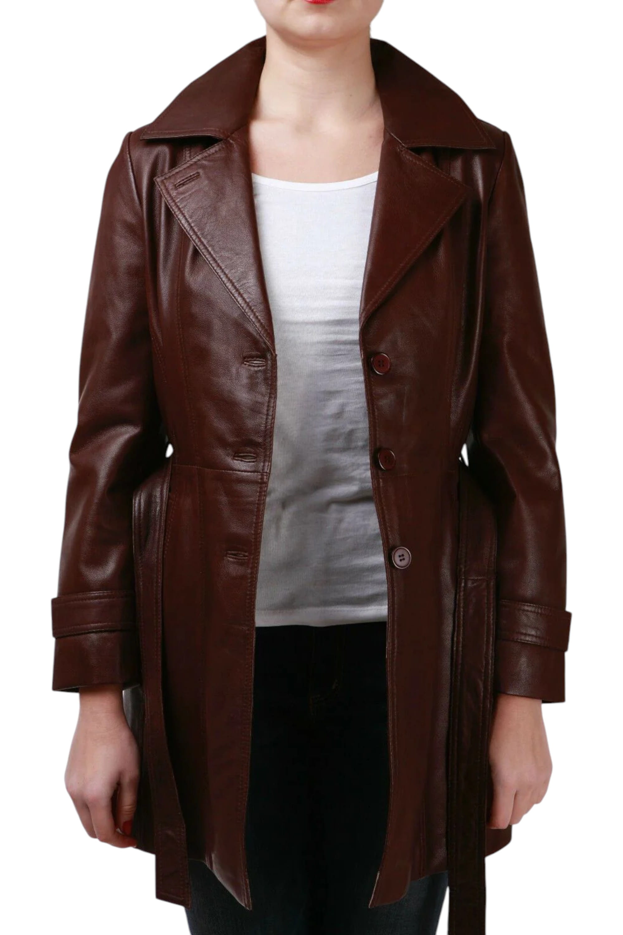 Brown 3/4 Length Tie Belt Trench Coat-Oldbury, Image 3 of 5