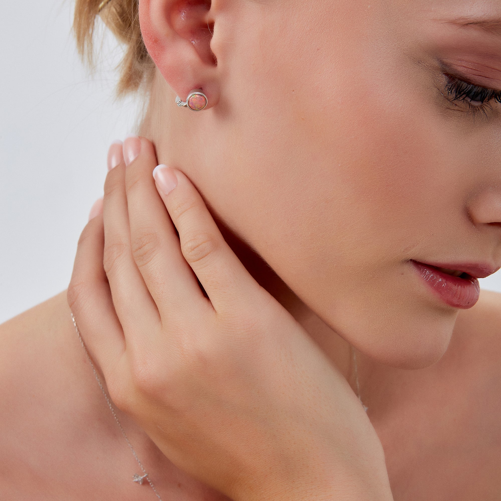 Silver Sterling Silver High Quality Round Pink Opal Earring, Image 3 of 5