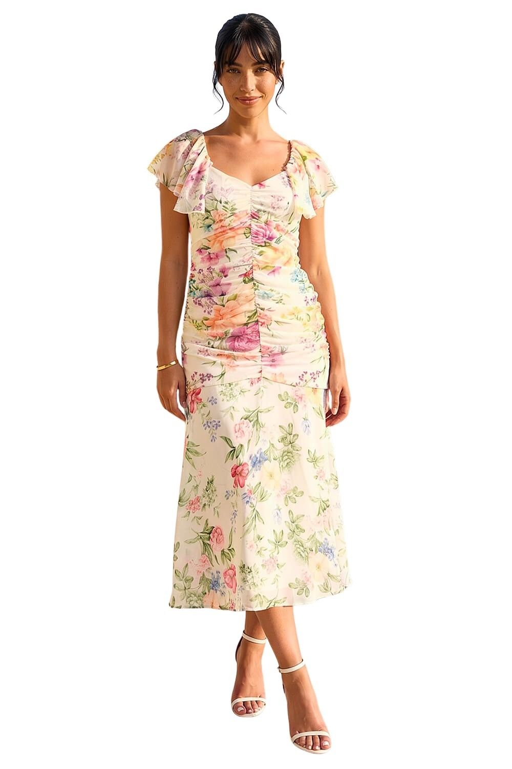 Roman Petite Women's Ivory Floral Tiered Dress Size 18