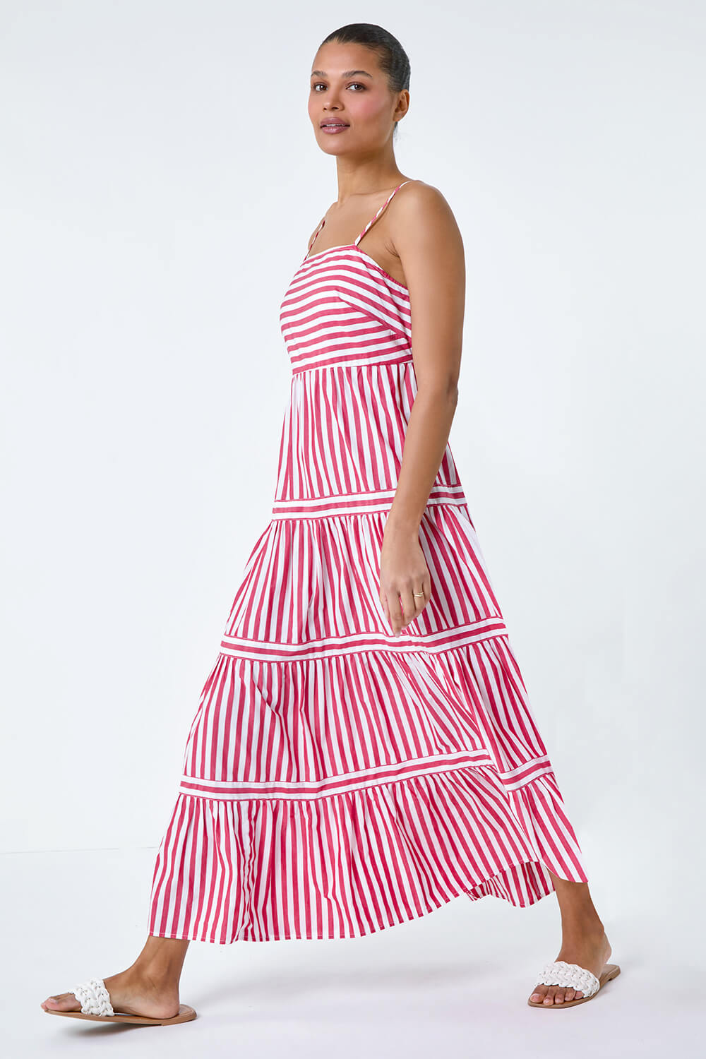 Radiant Red & Gold Stripe Tiered Maxi Dress with Puff Sleeves