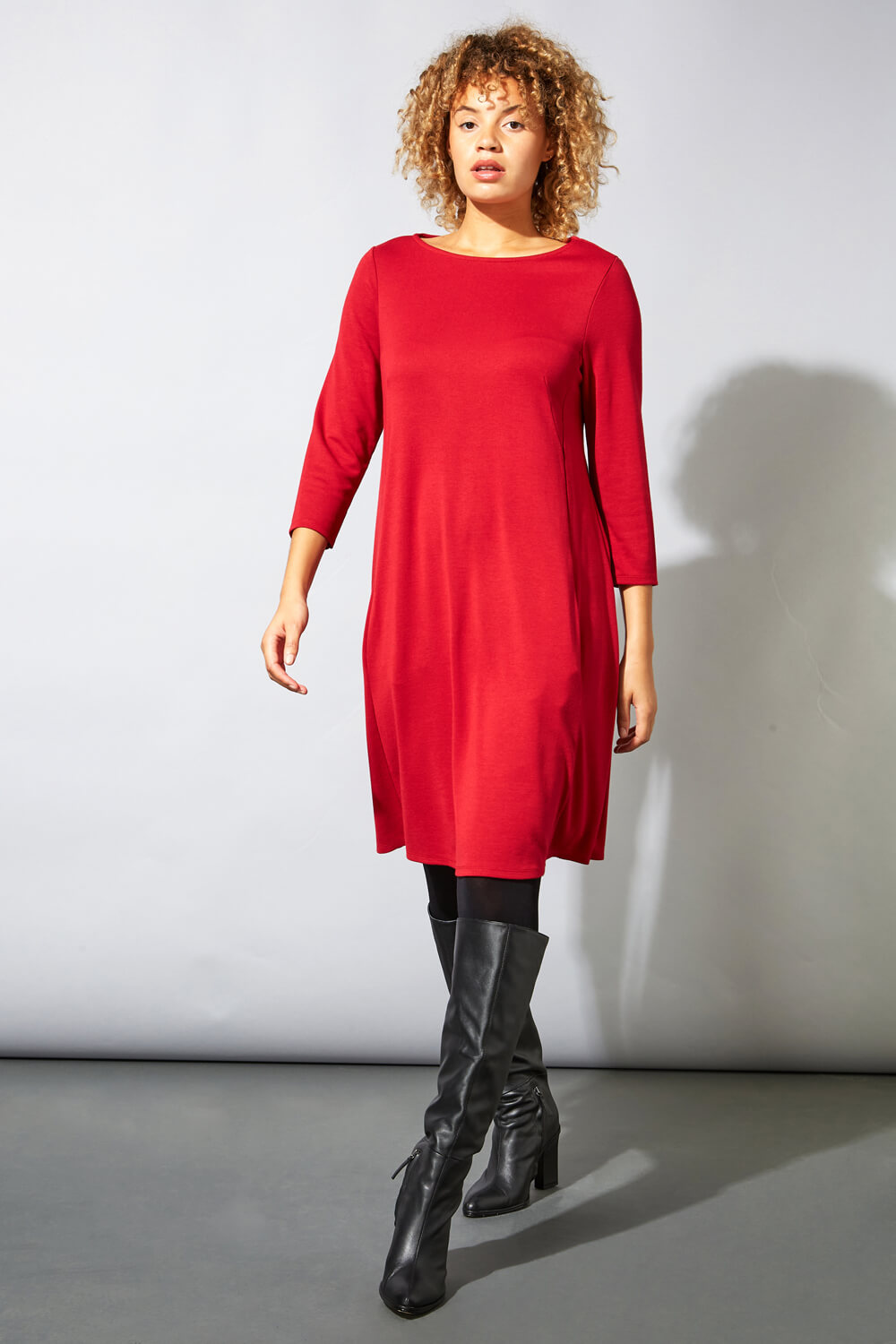 Red A-Line Pocket Detail Swing Dress, Image 4 of 4