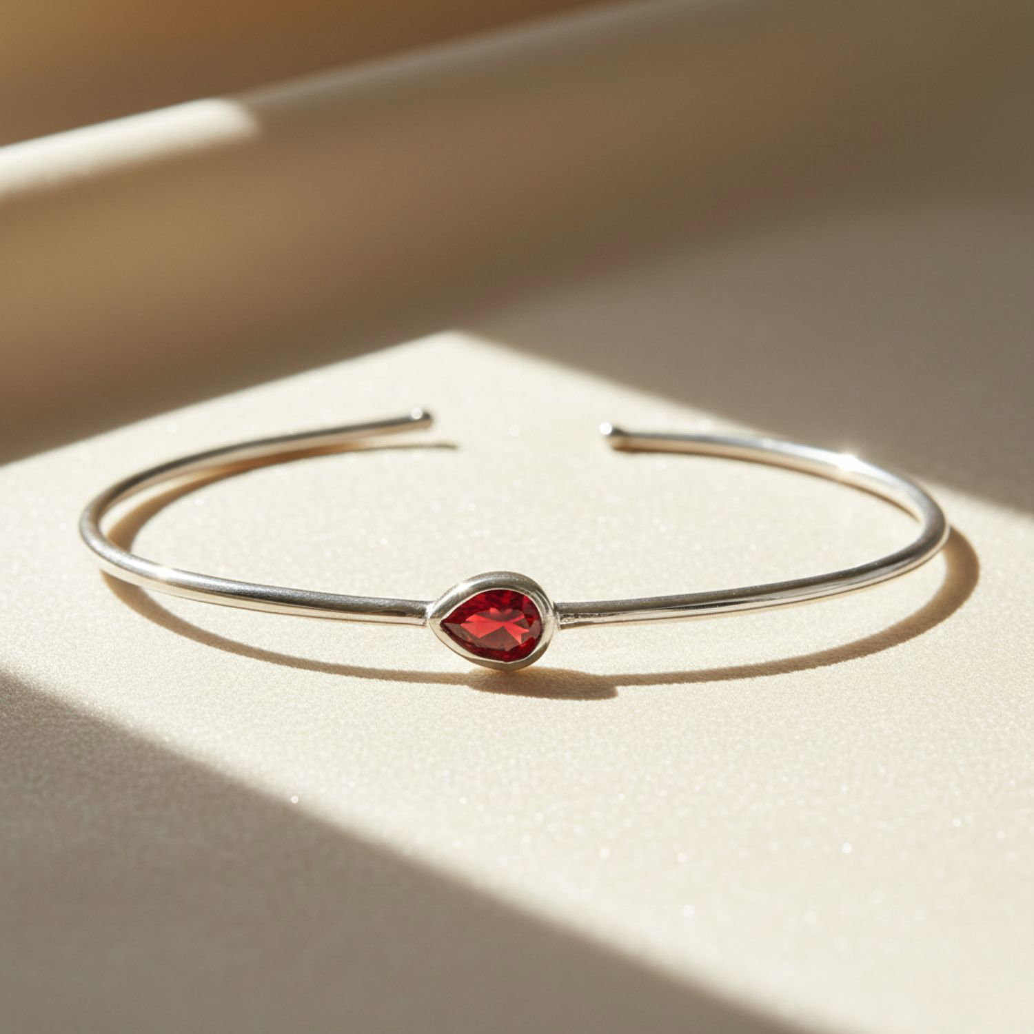 Red Minimalist Sterling Silver Garnet January Birthstone Bangle Bracelet