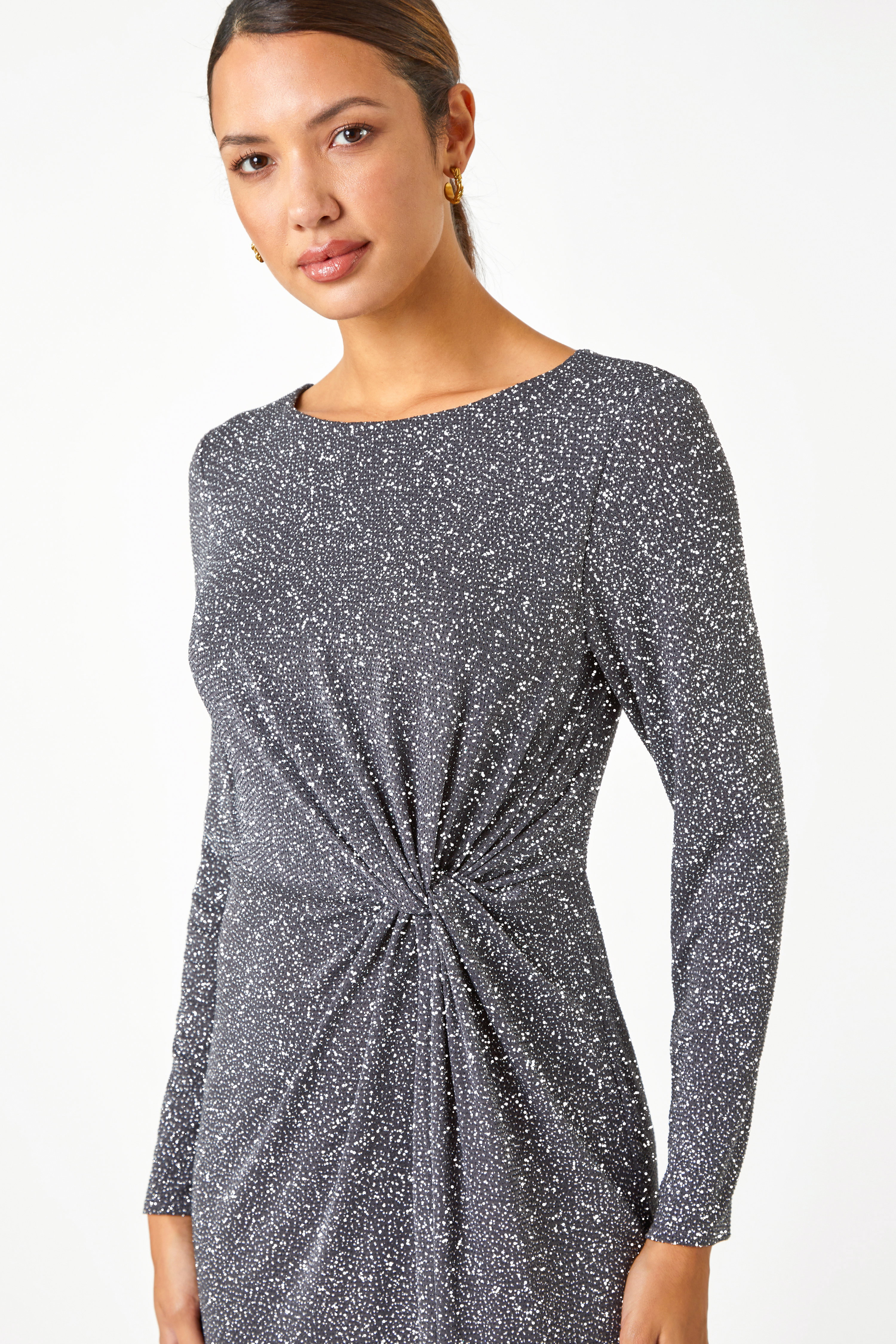 Grey Glitter Twist Detail Stretch Dress, Image 5 of 5