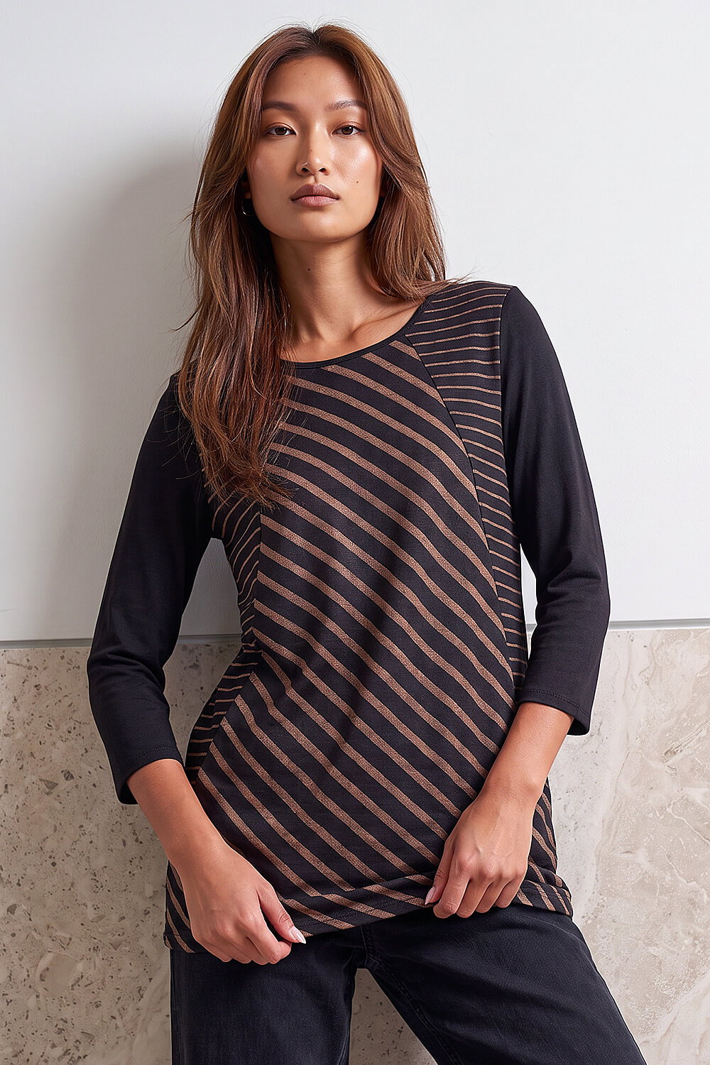 Roman Women's Black Stripe Stretch Jersey Snood Tunic Top Size 12