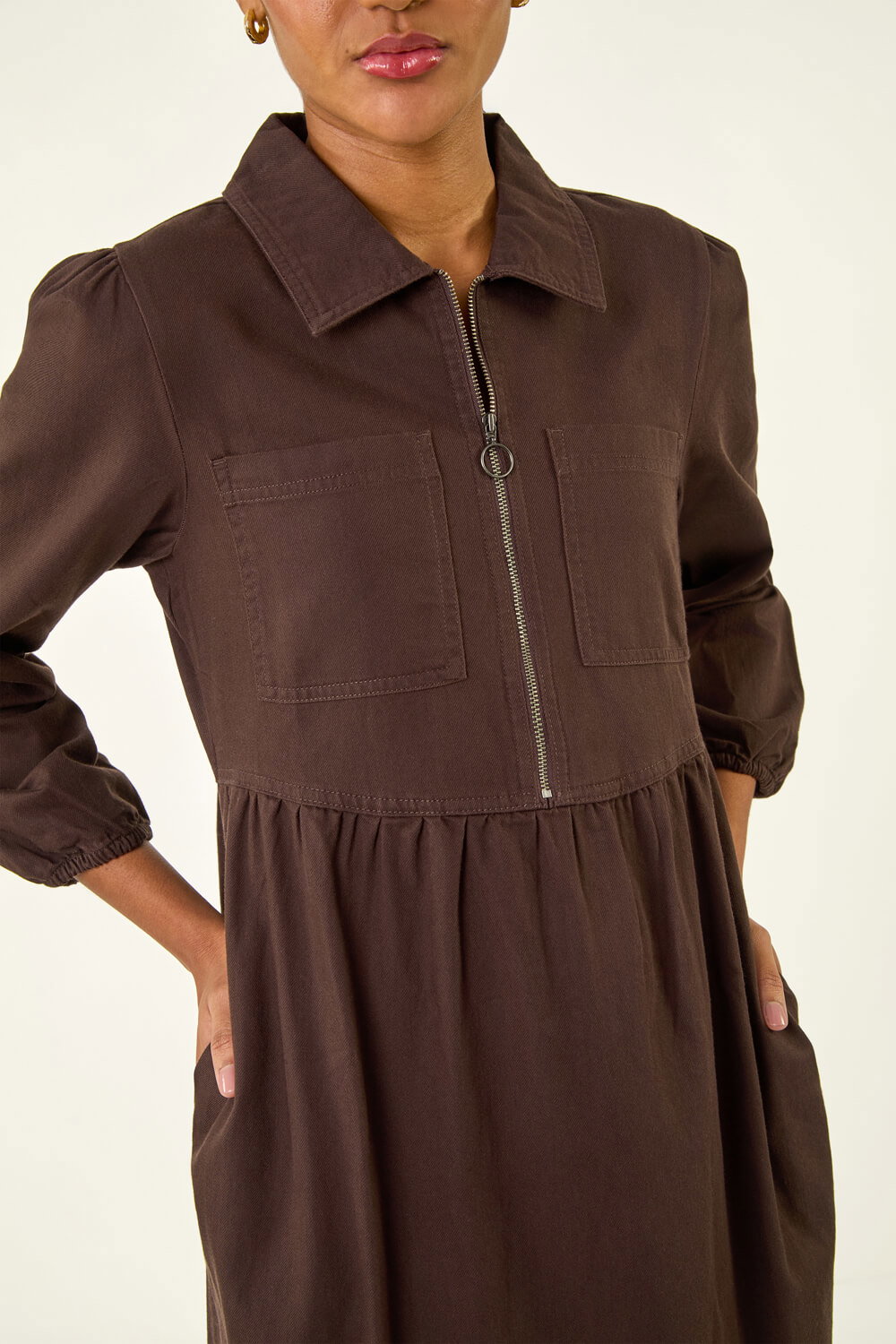 Chocolate Front Zip Midi Dress, Image 6 of 5