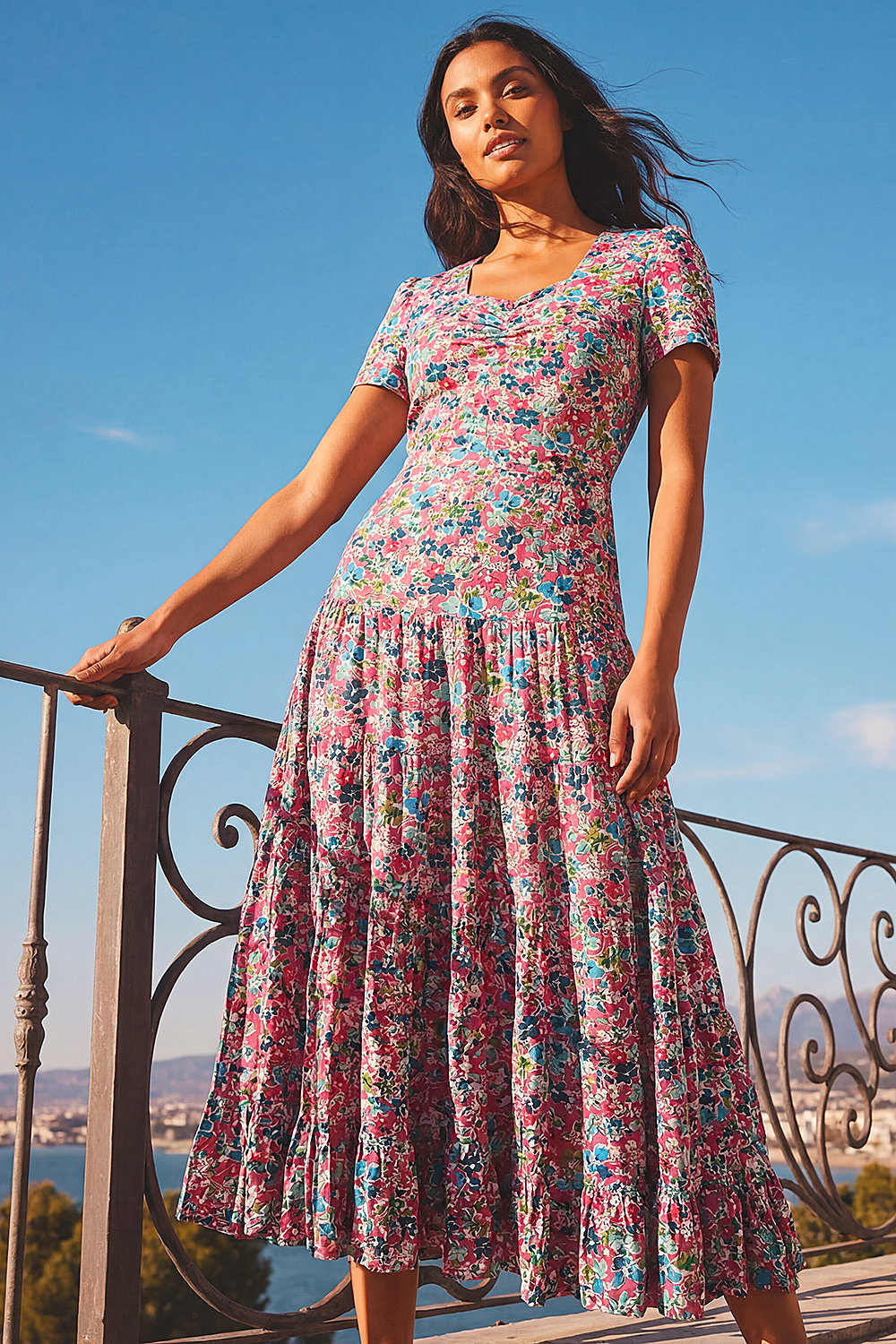 Pink Floral Ruched Midi Dress, Image 3 of 4