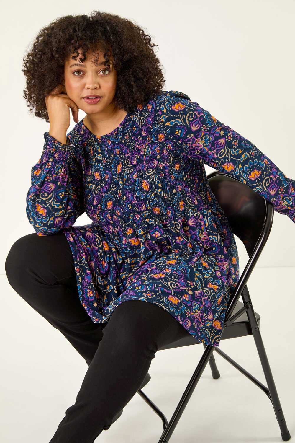 Navy Curve Floral Print Stretch Top, Image 1 of 5