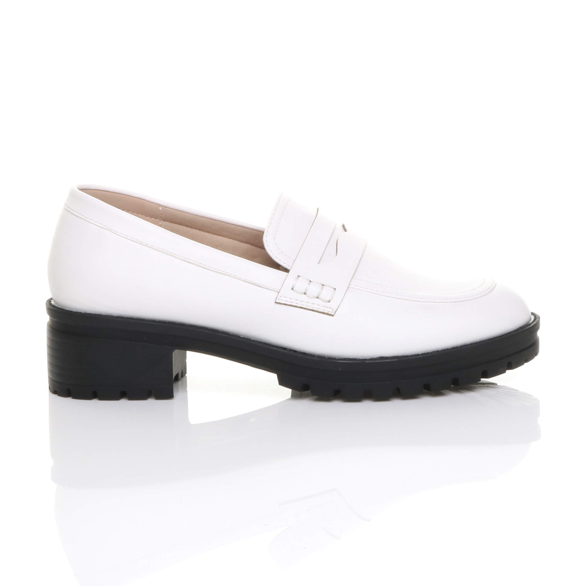 White Flat Chunky Heeled Penny Loafers, Image 2 of 5