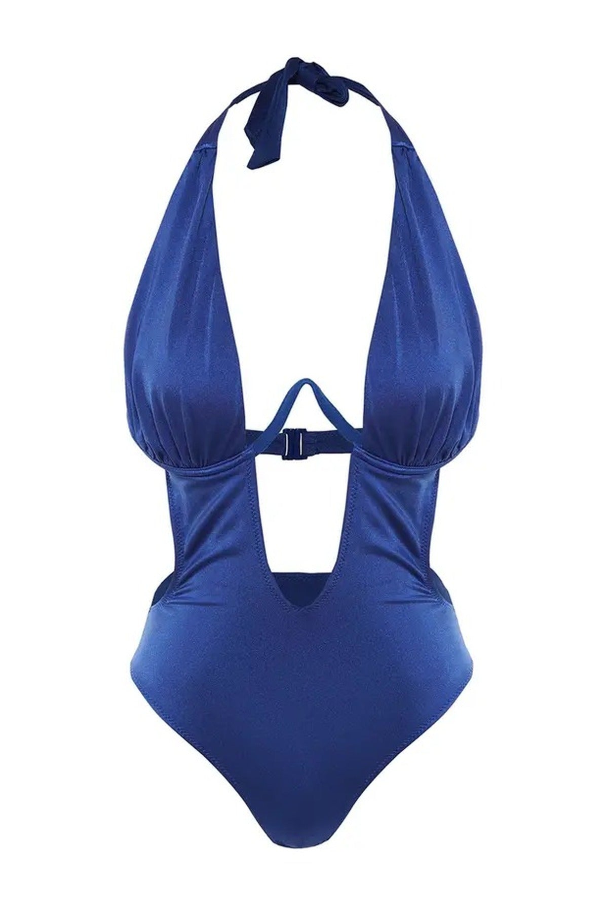 Royal Blue WOVCOR Royal Blue Plunge Halterneck Cut Out Detail Swimsuit, Image 2 of 3