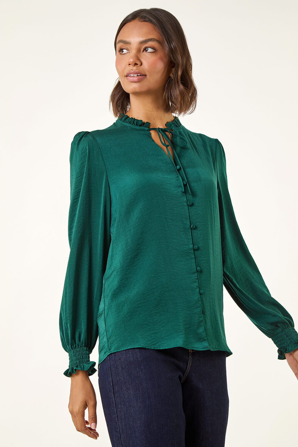Green Ruffle Front Tie Neck Blouse, Image 5 of 5