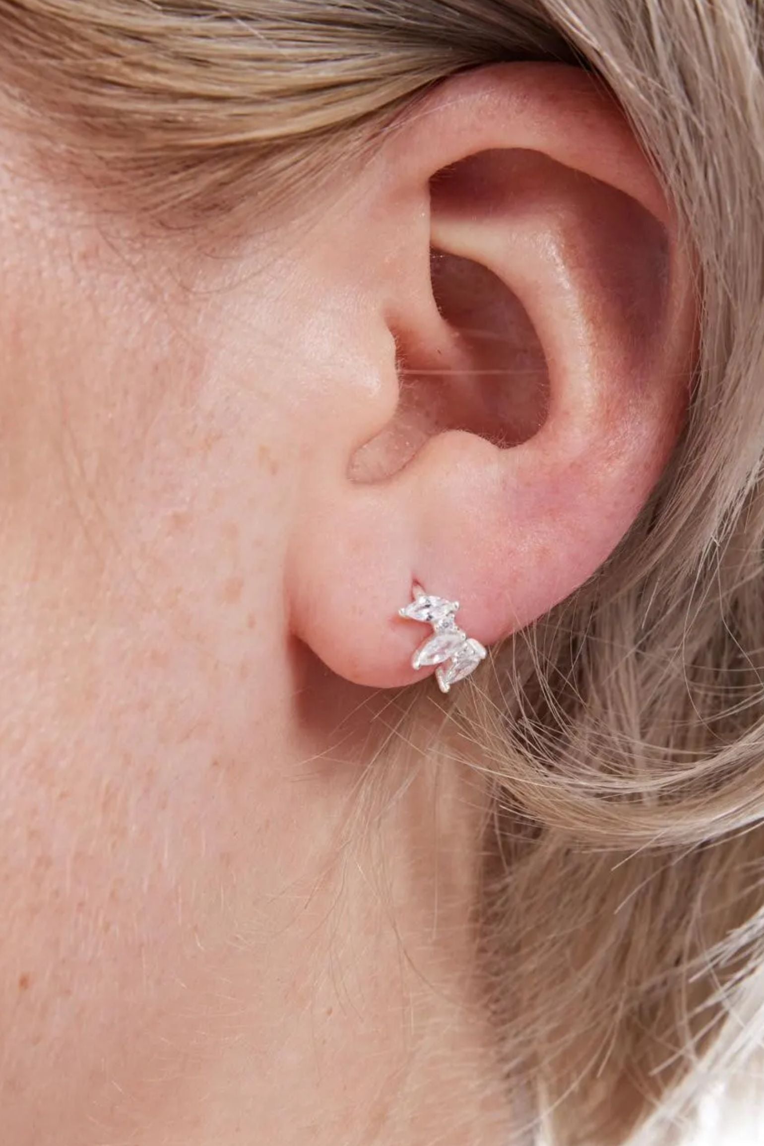 Silver Sterling Silver CZ Leaf Huggie Hoops 6mm, Image 2 of 3