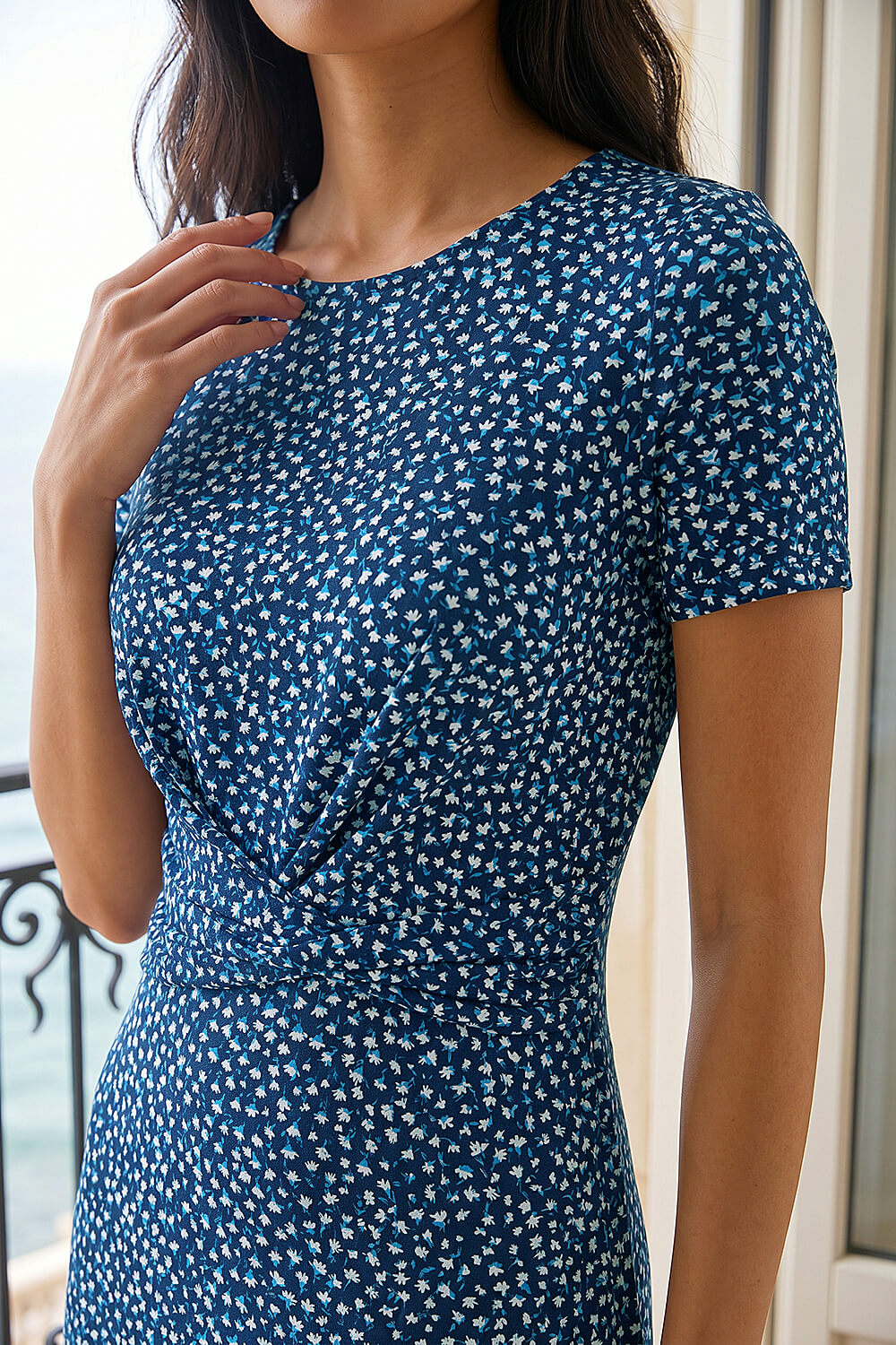 Navy Petite Twist Front Stretch Dress, Image 5 of 4