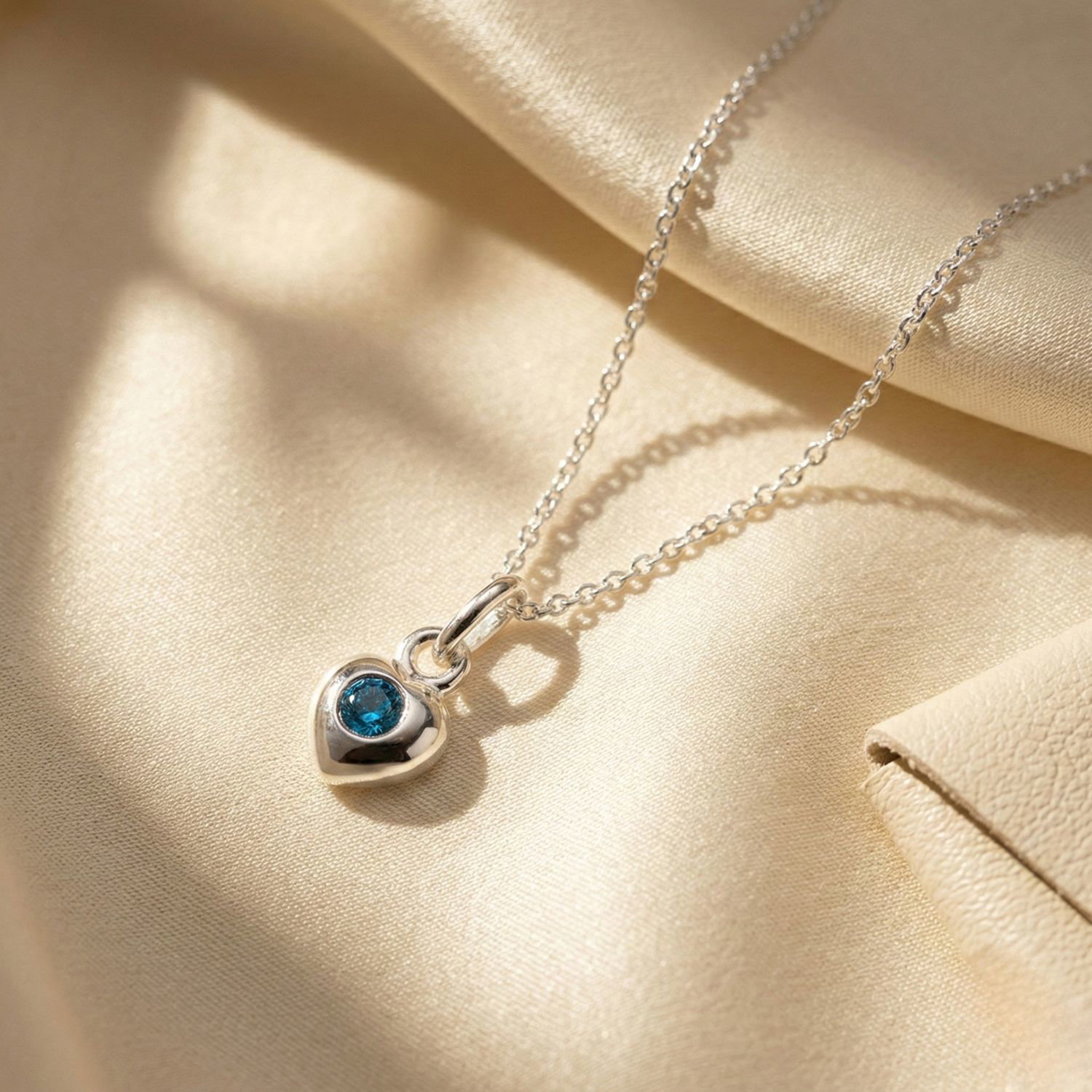 Blue Mini Aquamarine March Birthstone Heart Silver Necklace