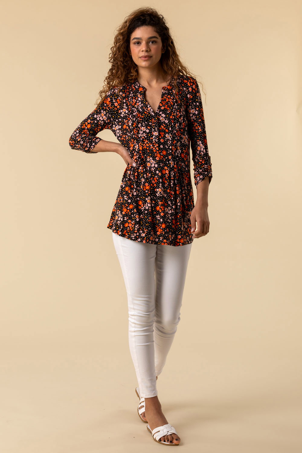 Multi Ditsy Floral Print Pintuck Jersey Shirt, Image 4 of 4