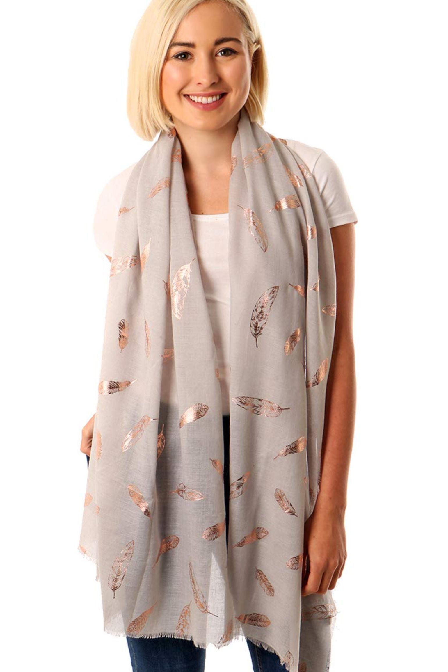 Grey Rose Gold Foil Feather Lightweight Scarf, Image 3 of 4