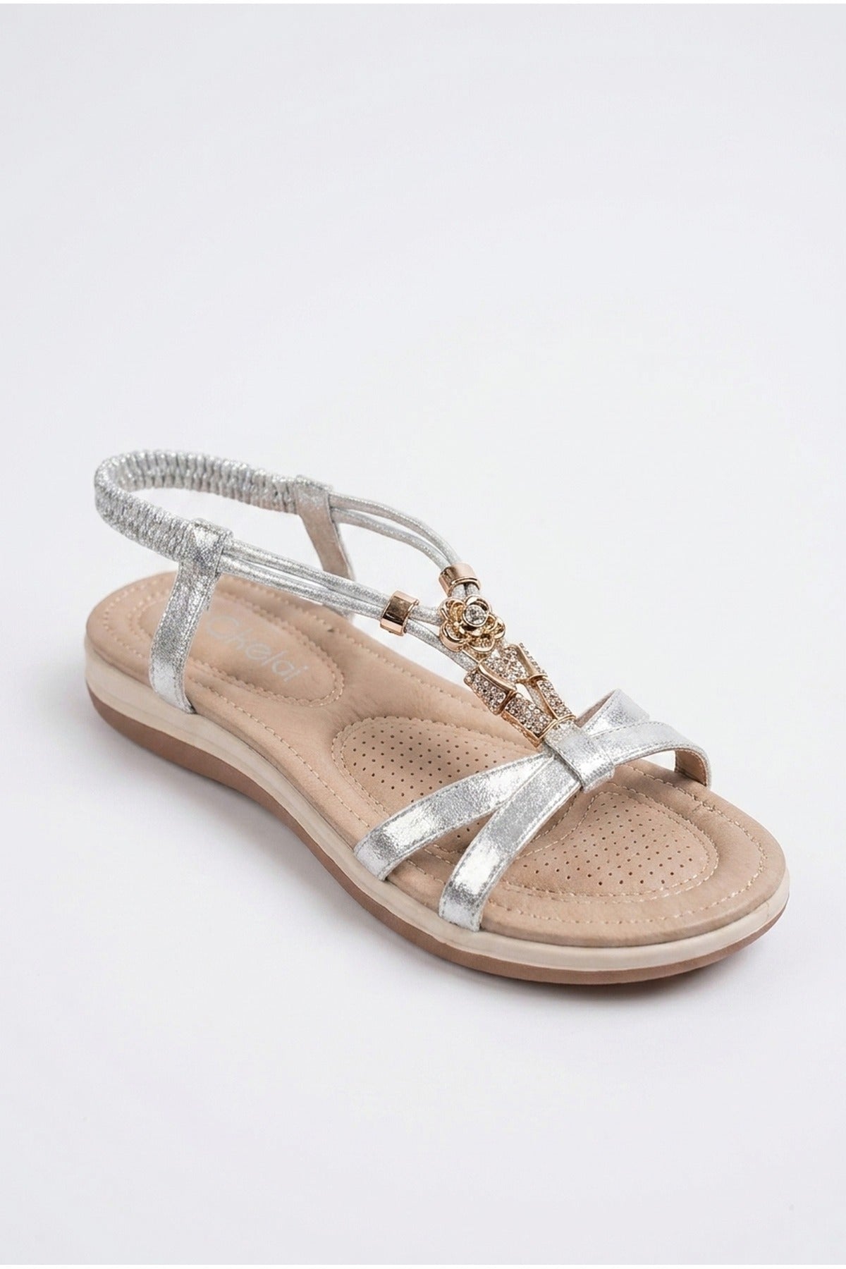 Silver iKrush Silver Saoirse Embellished Strappy Flat Sandals, Image 2 of 5