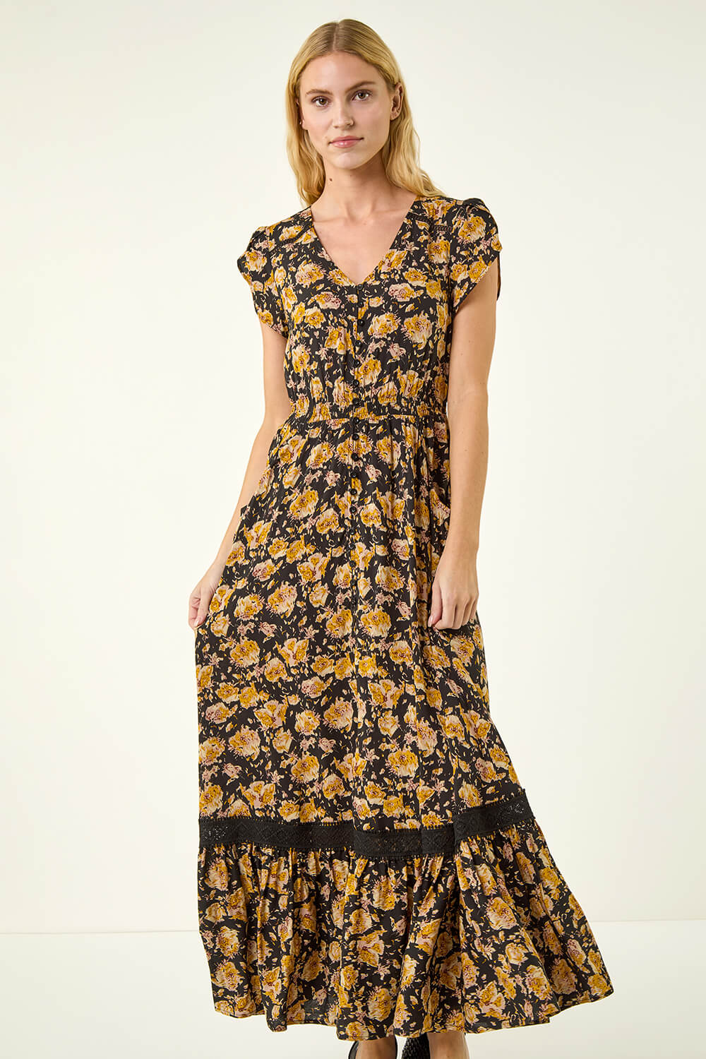 Yellow Floral Buttoned Maxi Dress, Image 1 of 5