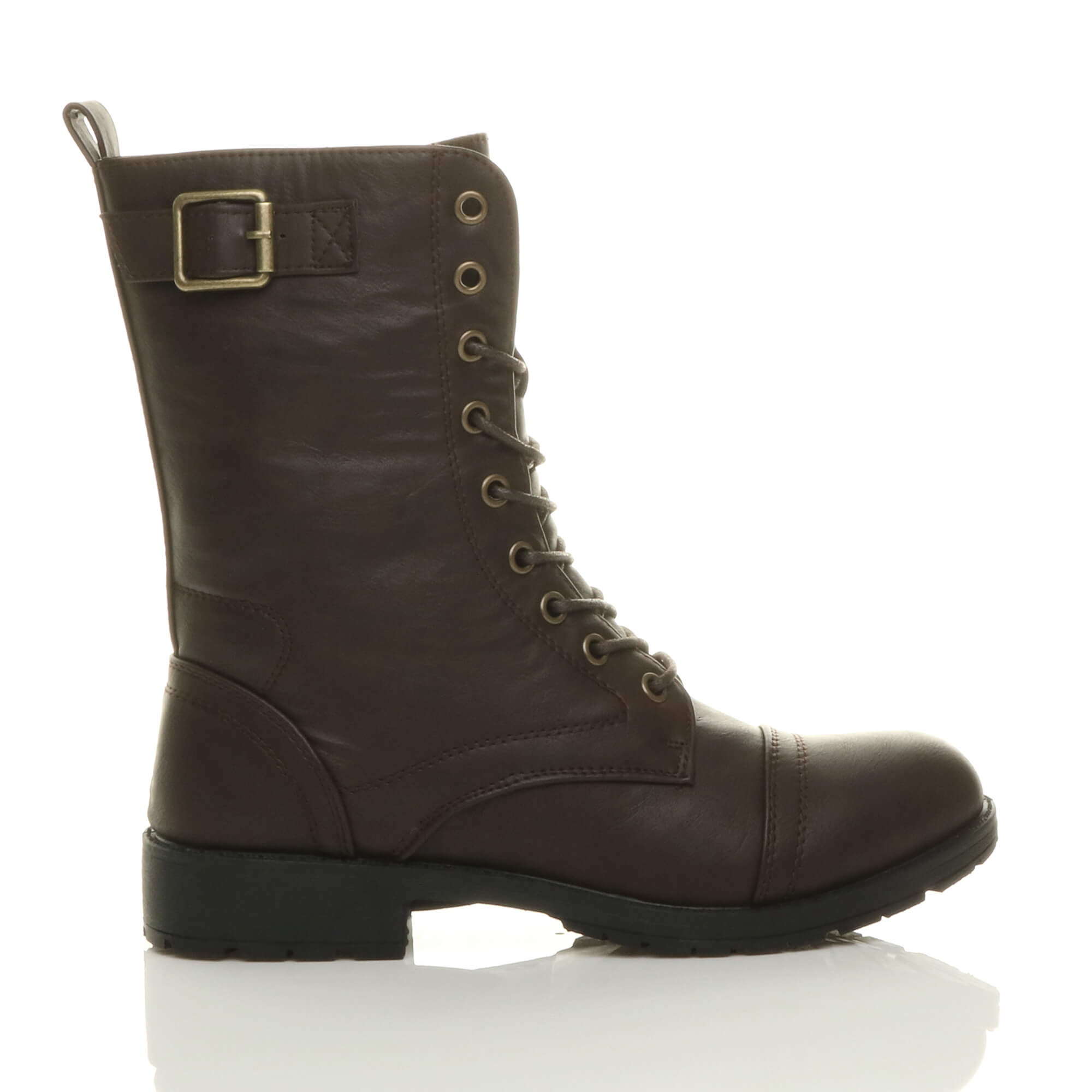 Brown Lace Up Buckles Military Biker Ankle Boots, Image 2 of 5