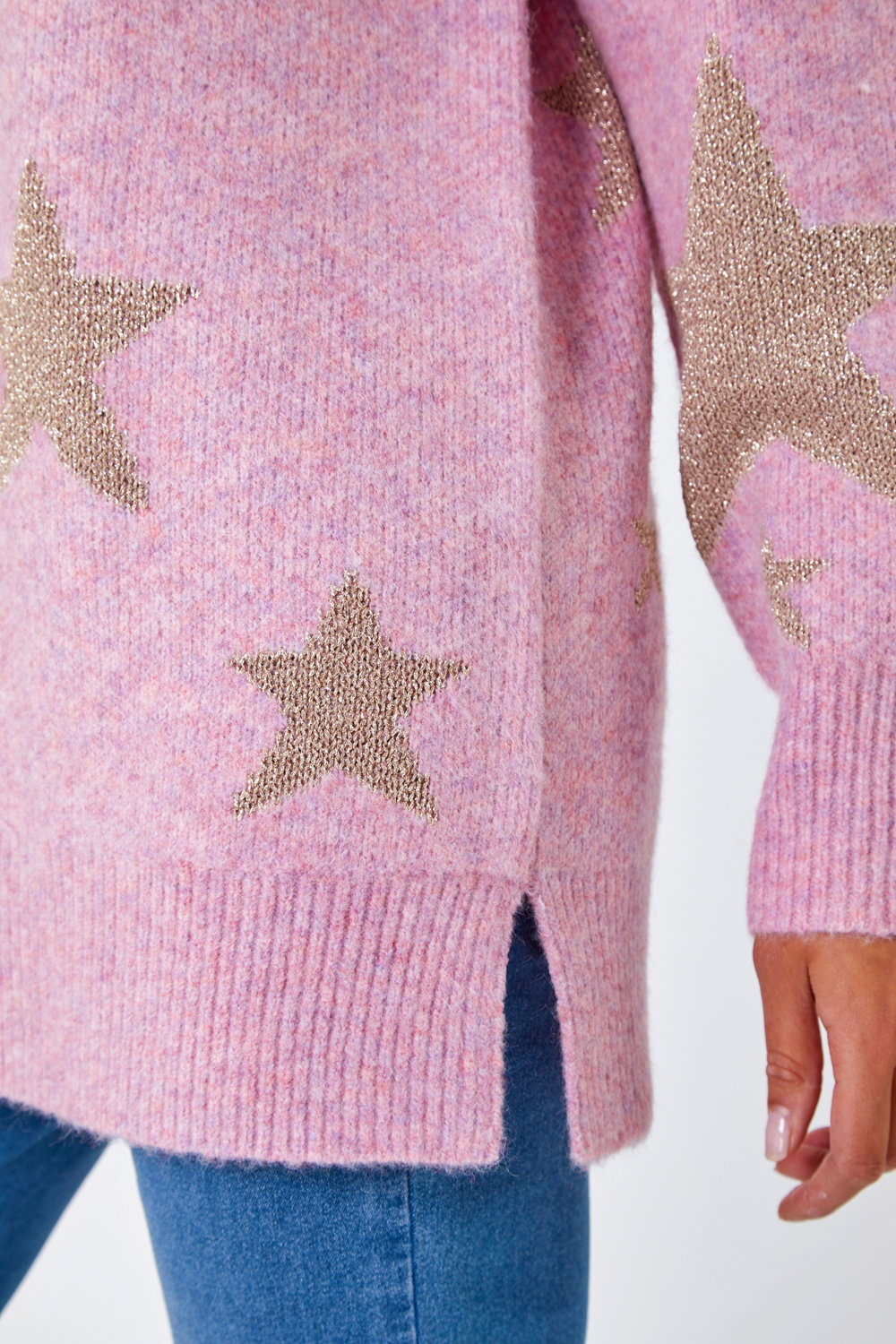 Pink Petite Metallic Star Print Longline Jumper, Image 5 of 4