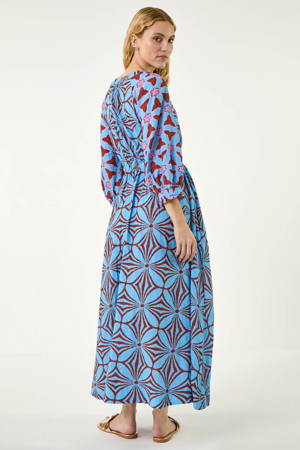 Blue Abstract Print V-Neck Maxi Dress, Image 4 of 5