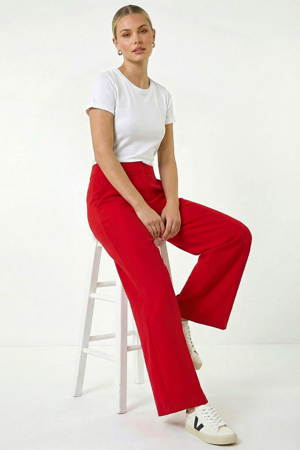 Red Deep Waistband Wide Leg Belted Trouser, Image 3 of 5