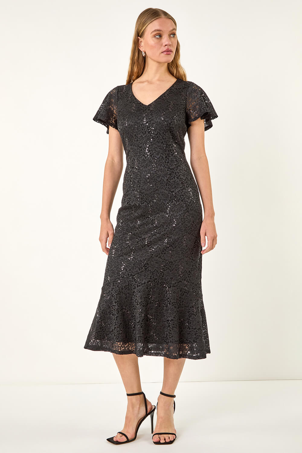 Black Sequin Lace Ruffle Midi Dress, Image 3 of 5