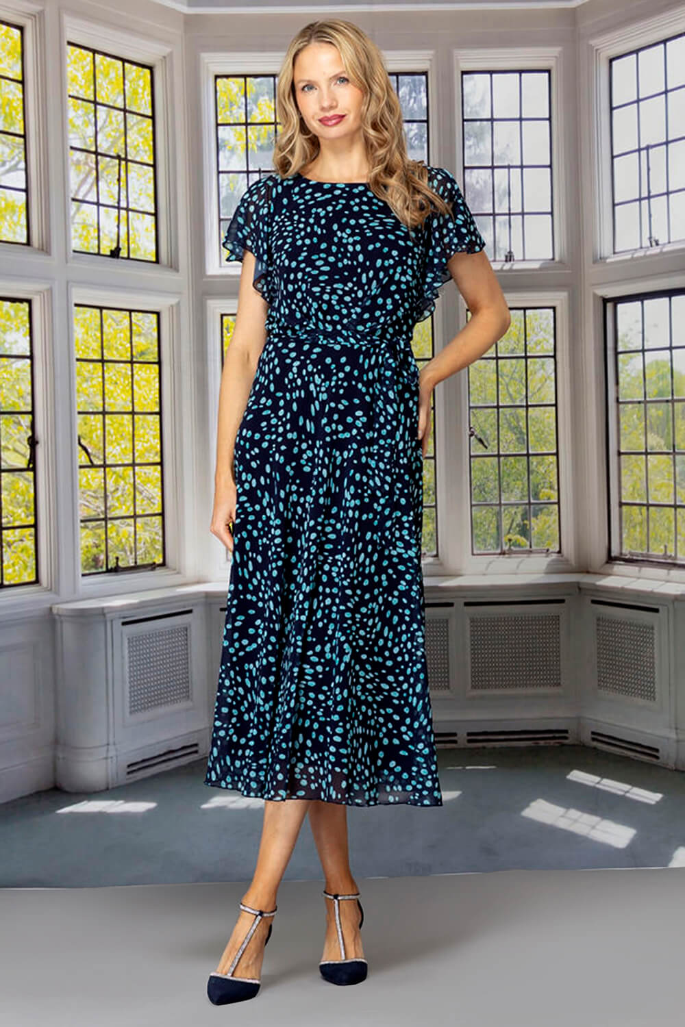 Navy Julianna Polka Dot Chiffon Midi Dress, Image 1 of 4