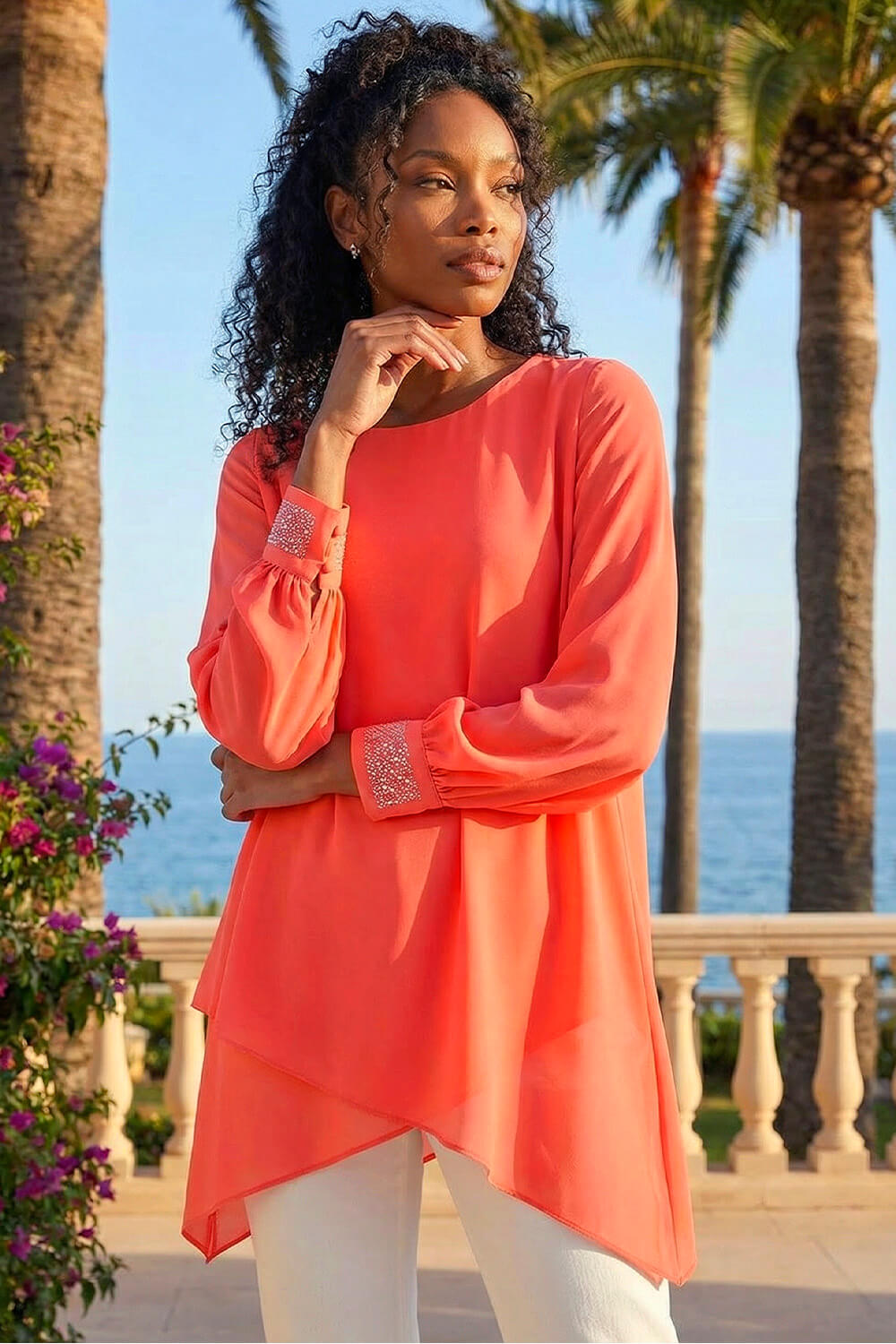 Coral Sparkly Detail Asymmetric Hem Top | Roman UK