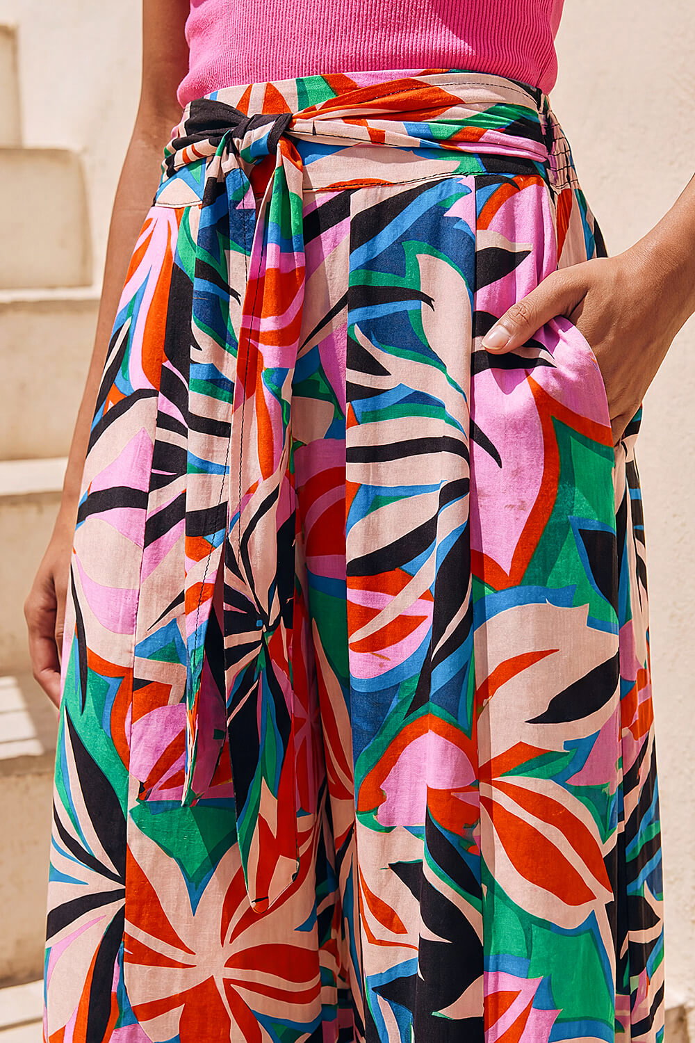 Pink Abstract Print Pocket Palazzo Trouser , Image 5 of 4
