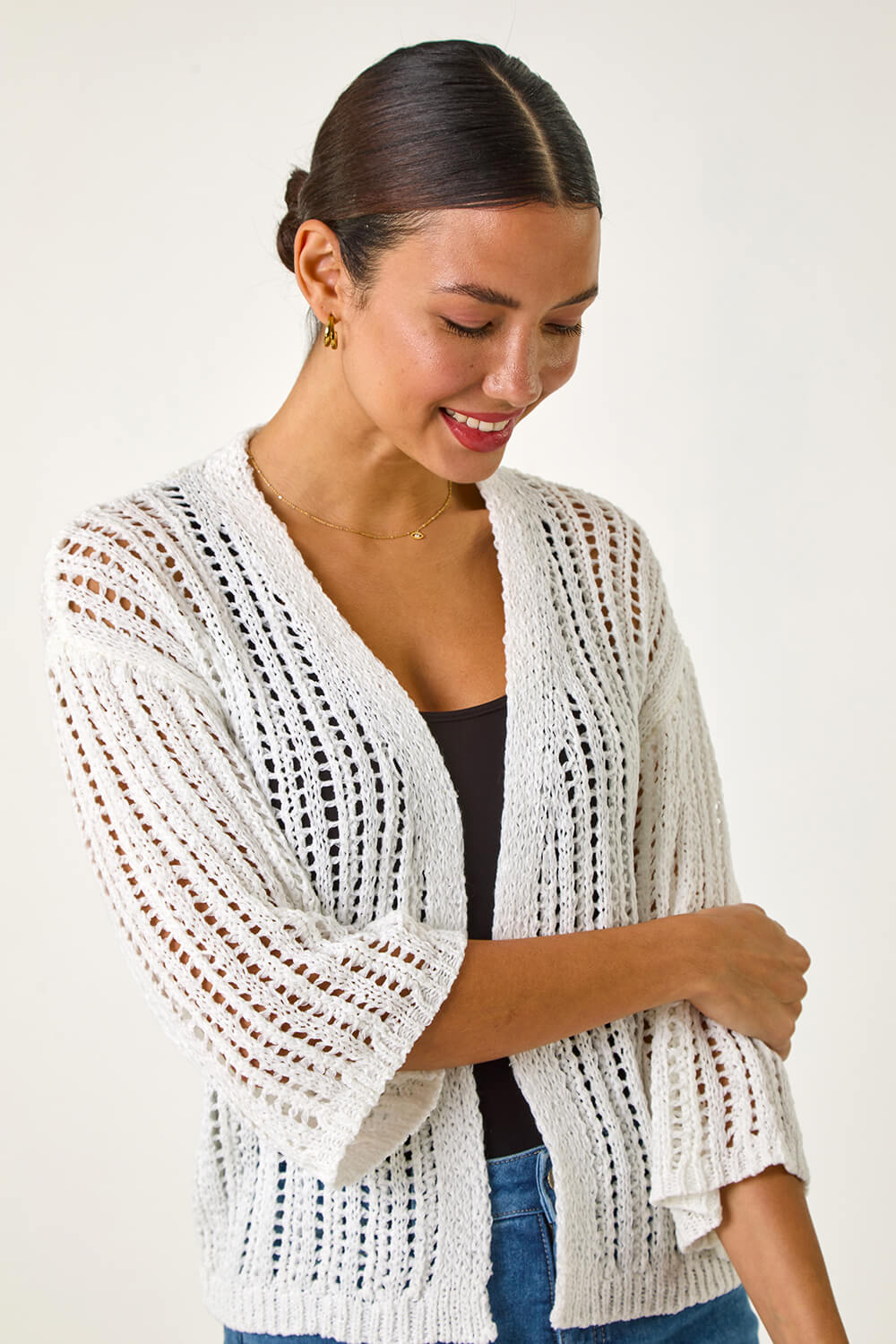 Hand-Embroidered Cotton Knit Cardigan, Ivory