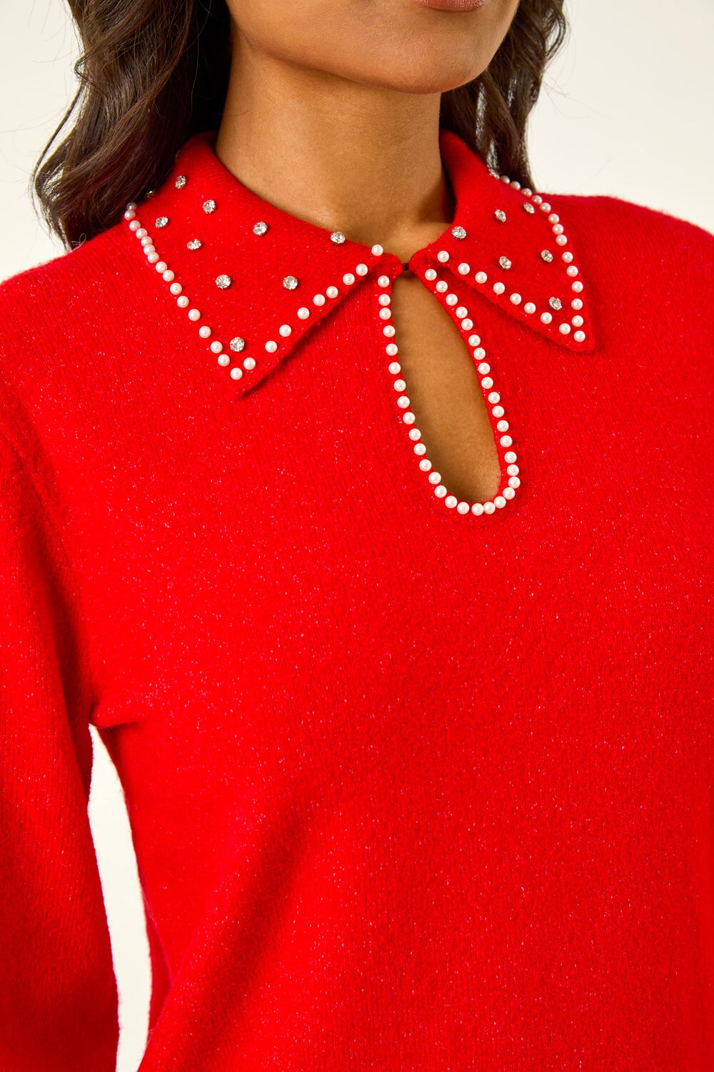 Red Faux Pearl Collared Keyhole Knit Jumper, Image 6 of 5
