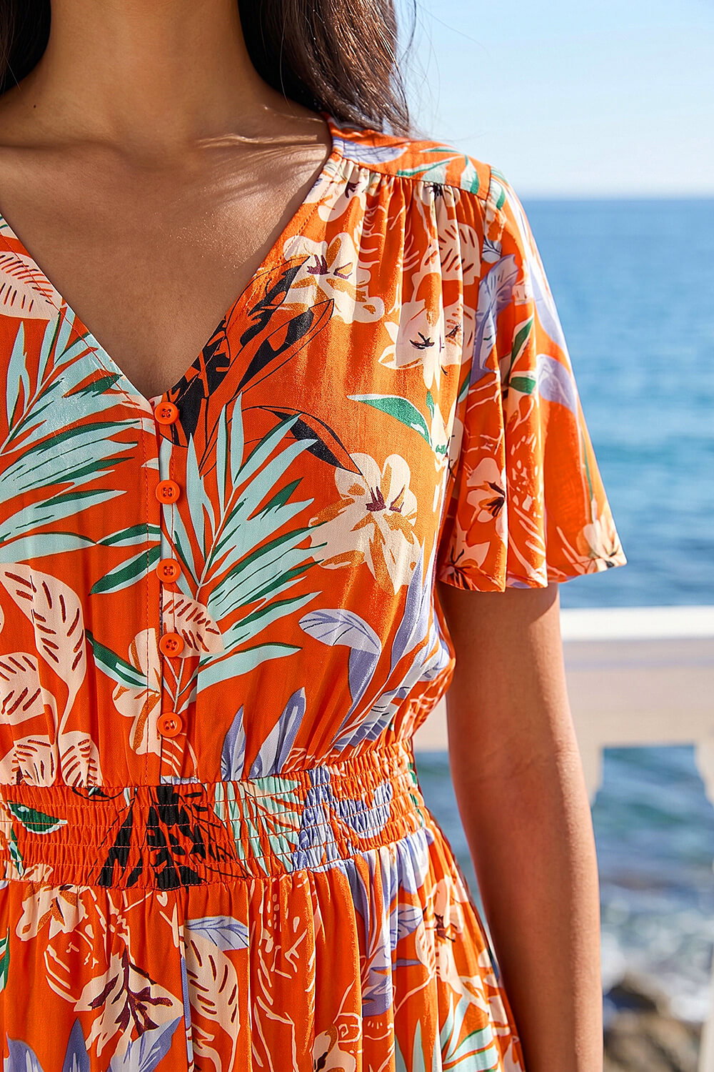 Orange Petite Leaf Print Shirred Midi Dress, Image 5 of 4
