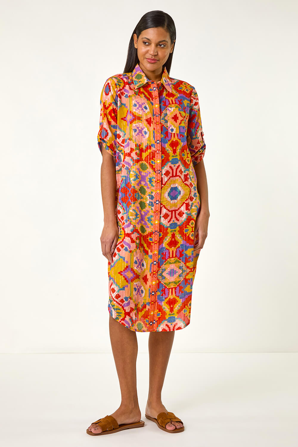 Orange Ikat Button Shirt Dress, Image 3 of 6