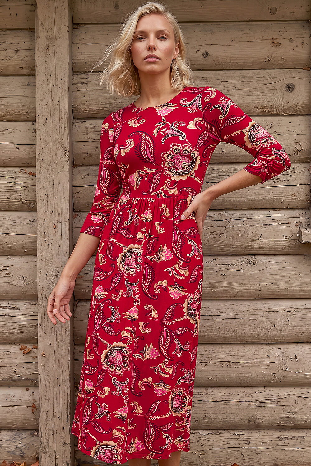 Red Petite Floral Midi Dress, Image 4 of 4