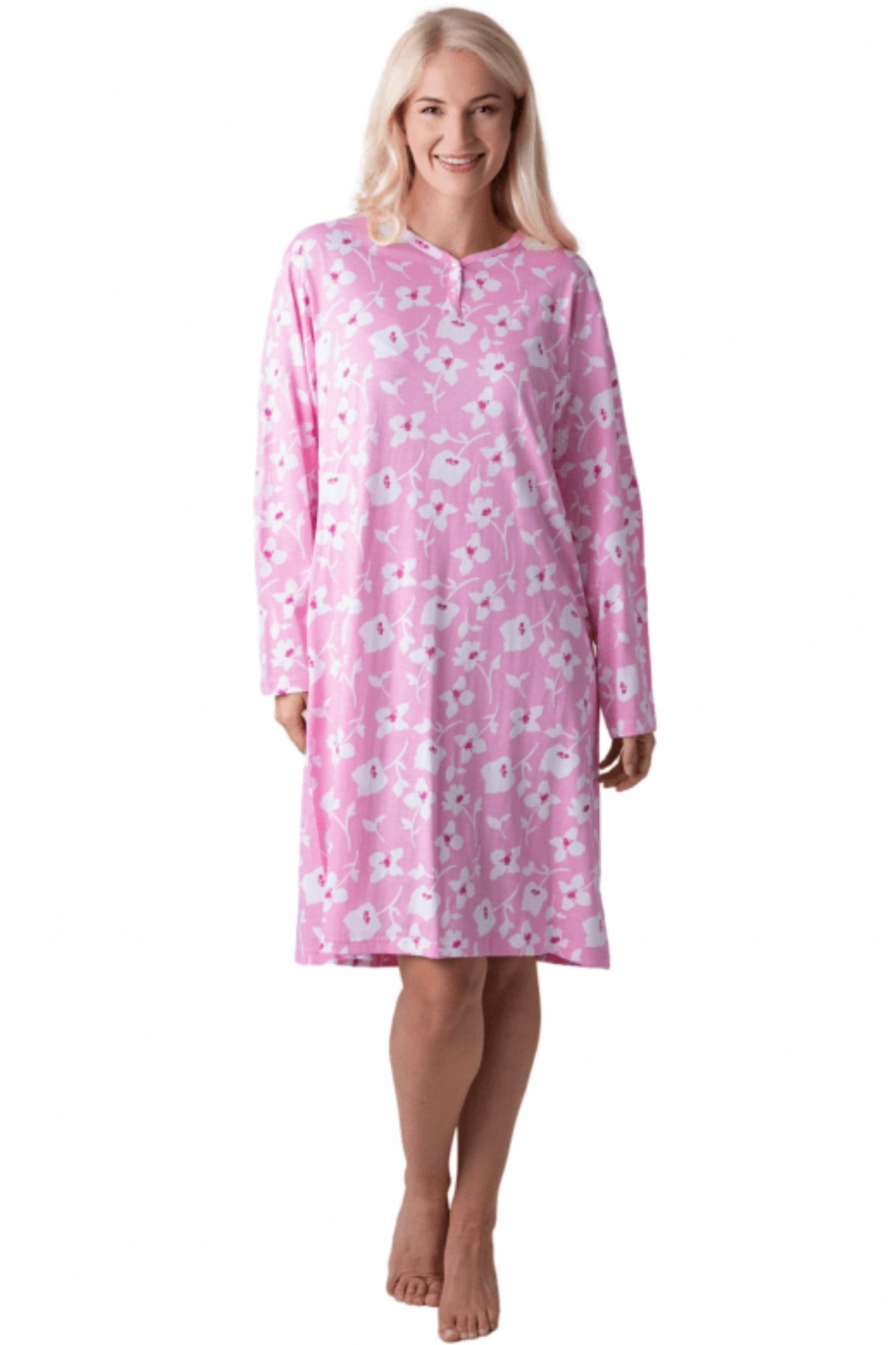 Light Pink Camille Lingerie Light Pink 100% Cotton Knee Length Long Sleeved Nightdress, Image 2 of 6