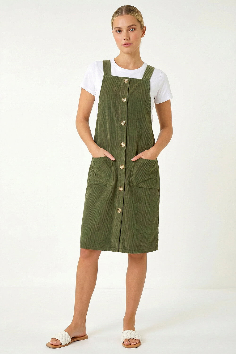 Khaki Corduroy Pinafore Midi Dress | Roman UK