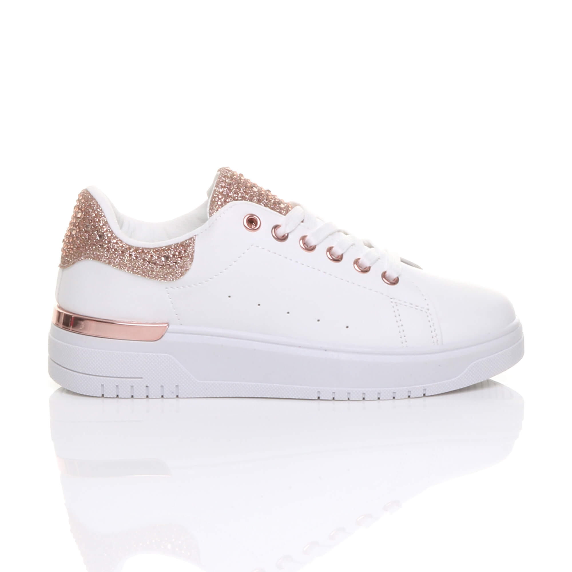Rose Gold AJVANI Rose Gold Flat Chunky Diamante Sparkly Trainers, Image 2 of 6