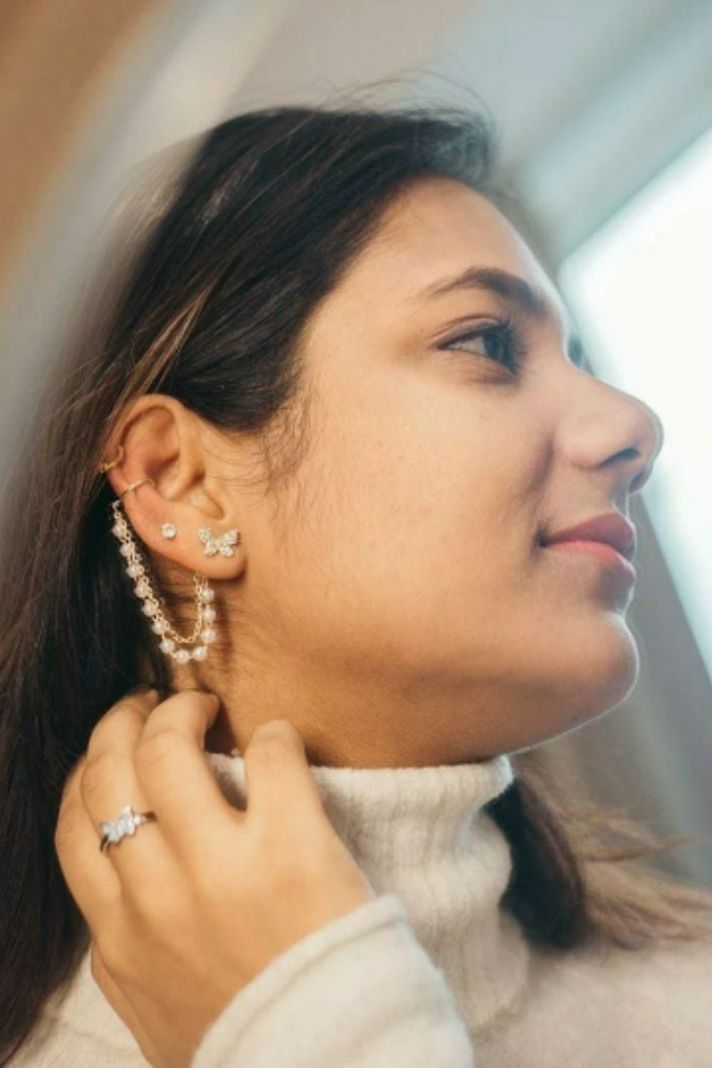 Silver Butterfly Chain Pearl Ear Cuffs, Image 2 of 3
