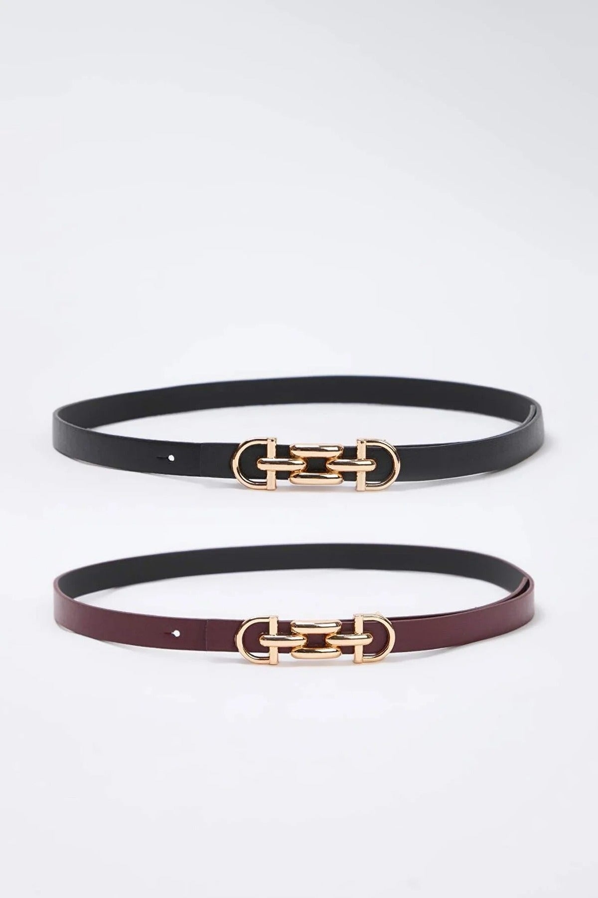 Multi Double Pack Gold Chain Buckle Slim Faux Leather Belt, Image 1 of 2