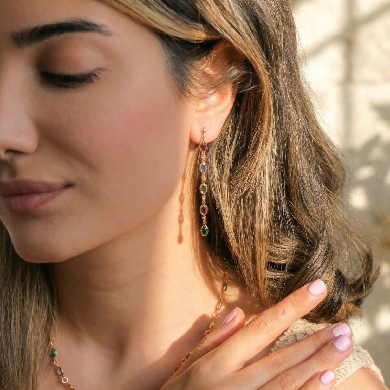 Gold Dangle Multi Gemstone Crystal Drop Gold Plated Earrings, Image 3 of 5