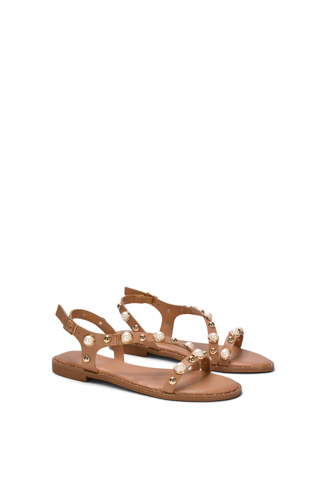 Nude XY LONDON Nude Flat Slingback Sandals With Studded Pearls, Image 3 of 6