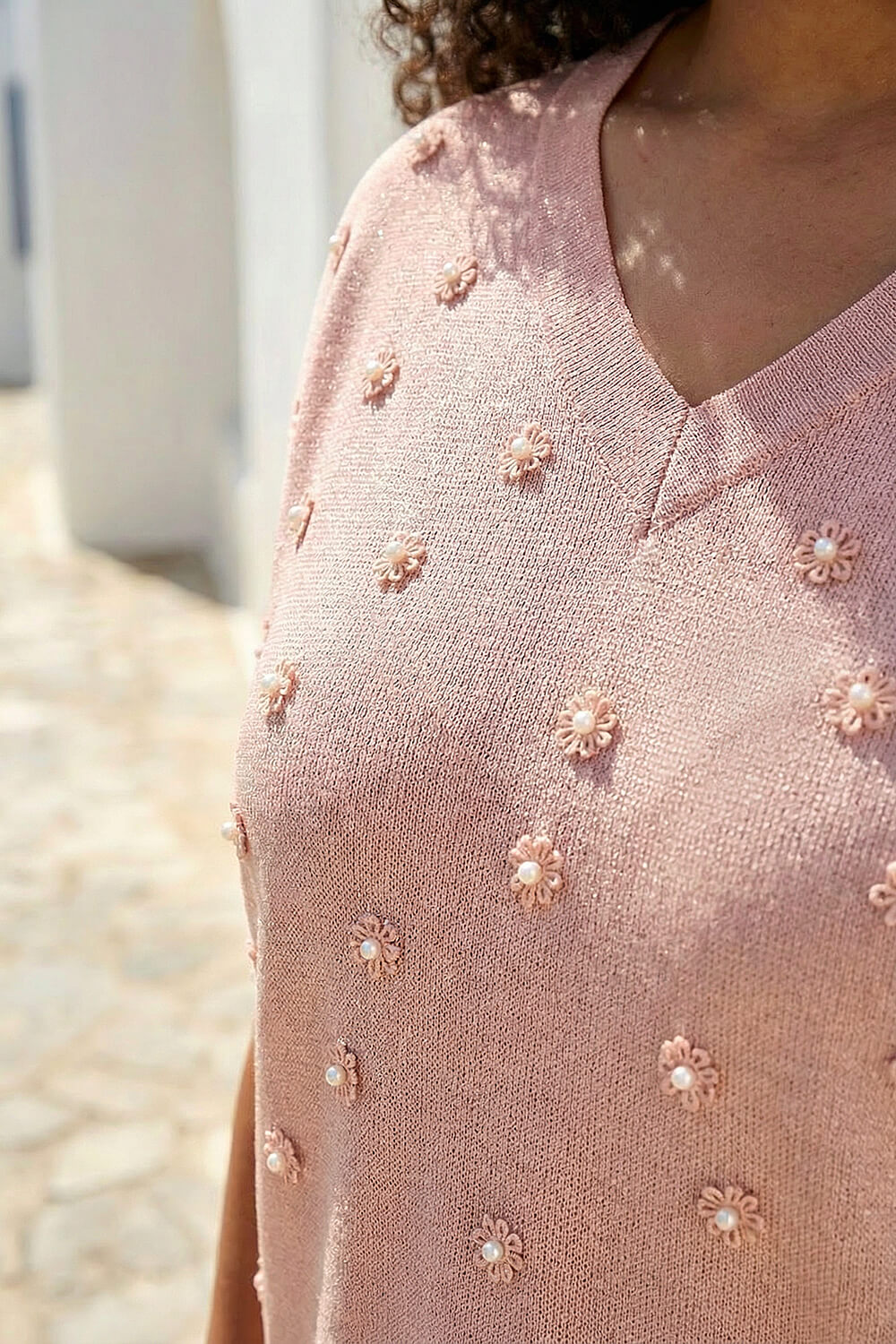 Pink Curve Faux Pearl Embellished Knit Top, Image 5 of 4