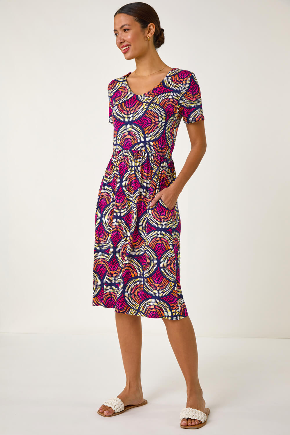 PINK Abstract Print Stretch Midi Dress, Image 1 of 5